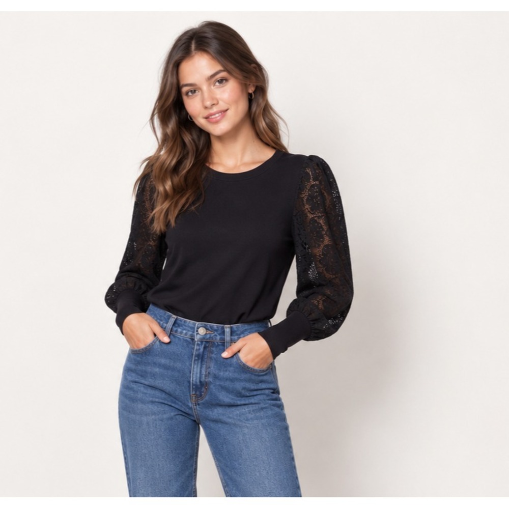 Evereve Top S Black Lace Bubble Sleeve Crew Neck Shirt Dark Romantic Goth